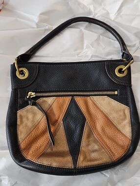 Fossil Patchwork Leather Hobo Bag Single Strap Purse Brass Hardware Neutral Boho